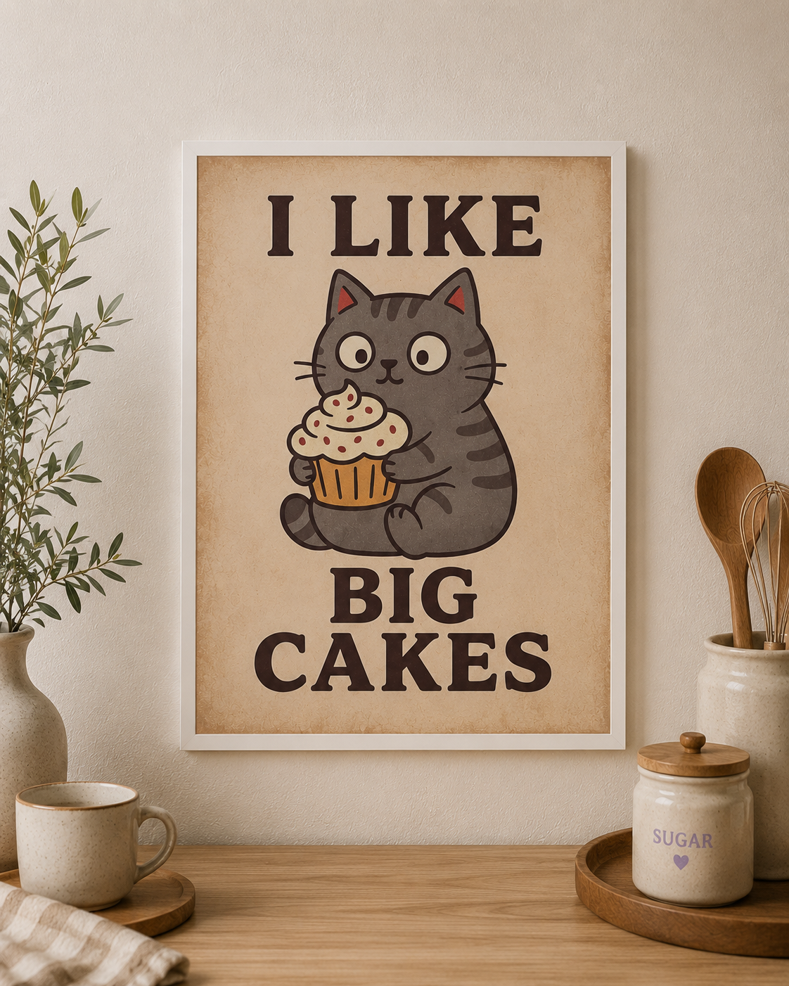 Playful cat wall print styled in a home interior